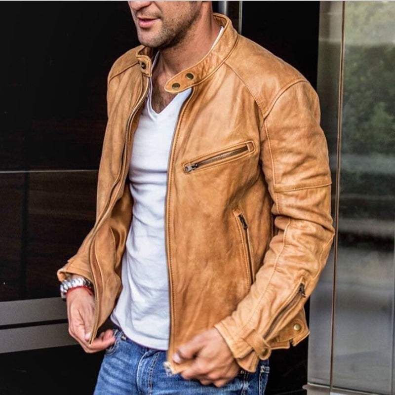 Lederjacke für Herren, wasserabweisend, Stehkragen, Reißverschluss, klassisches Design, Regular Fit, lässige Herbstmode XS-3XL | Sansoti