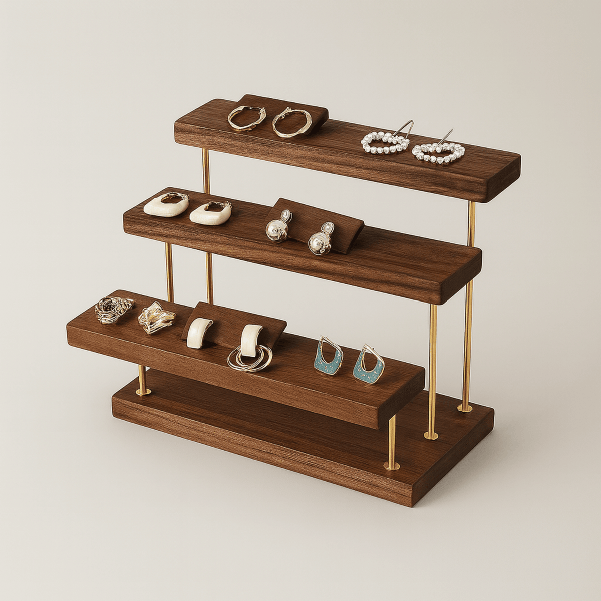 Schmuckständer aus Walnussholz mit Messingstufen, Display-Organizer für Uhren, Ringe und Ohrringe im Webshop | Sansoti