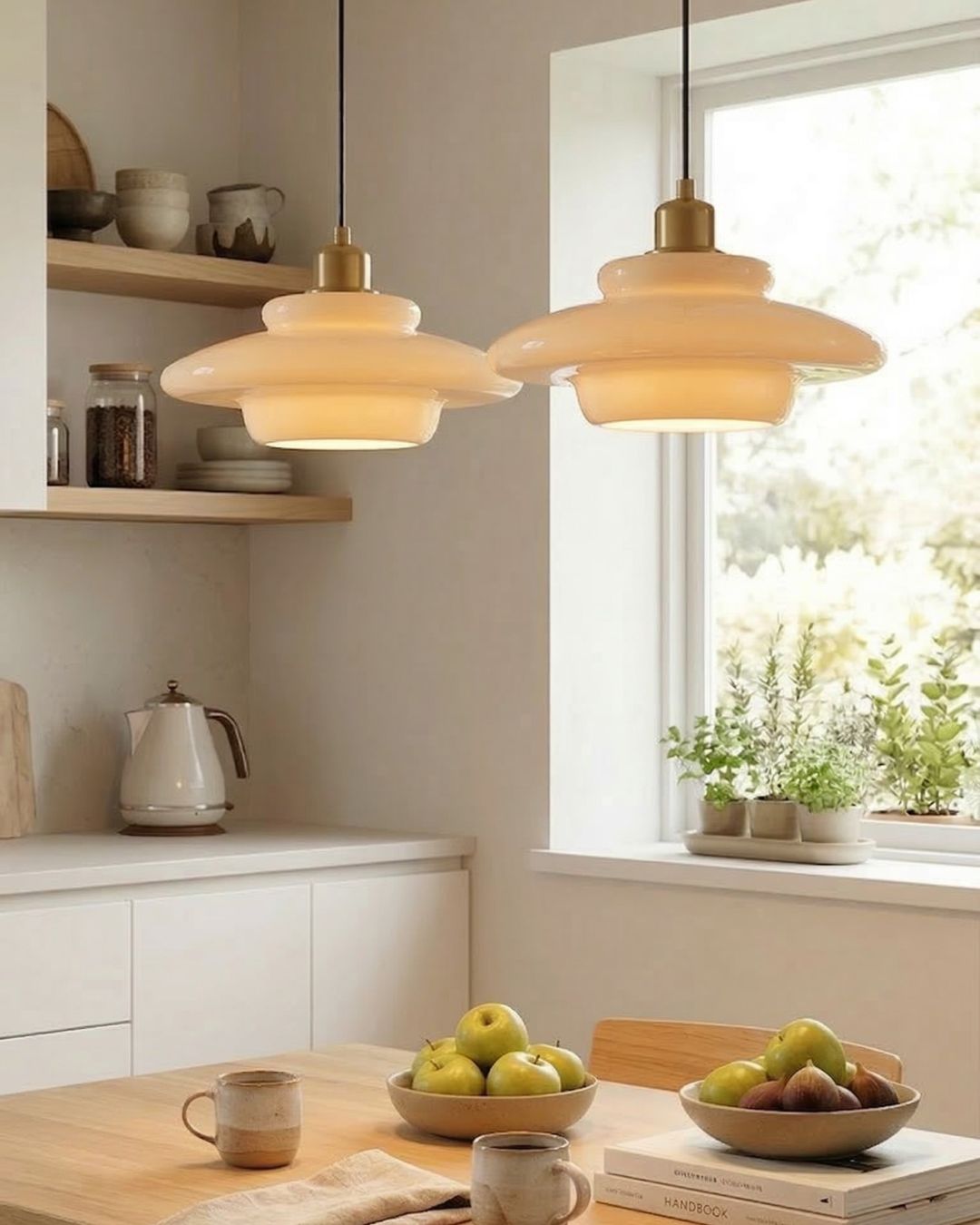 TINA Hanglamp – Mid-Century Melkwit Glas met Geborsteld Messing | Moderne Eetkamer & Keukenverlichting | Verstelbaar | E27 Fitting | Sansoti