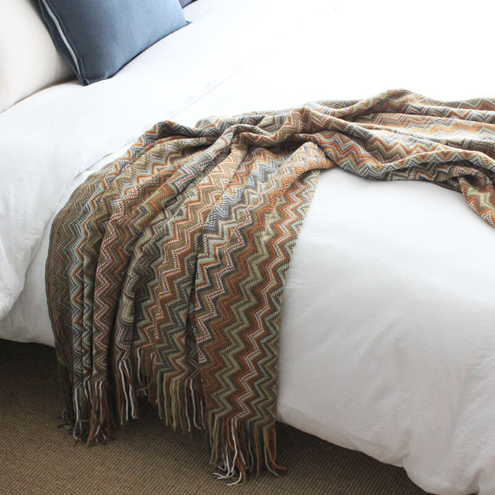Knitted Throw with Zigzag Fringes – Soft Crochet Blanket for Sofa and Bed, All Seasons, Bohemian Style | Sansoti