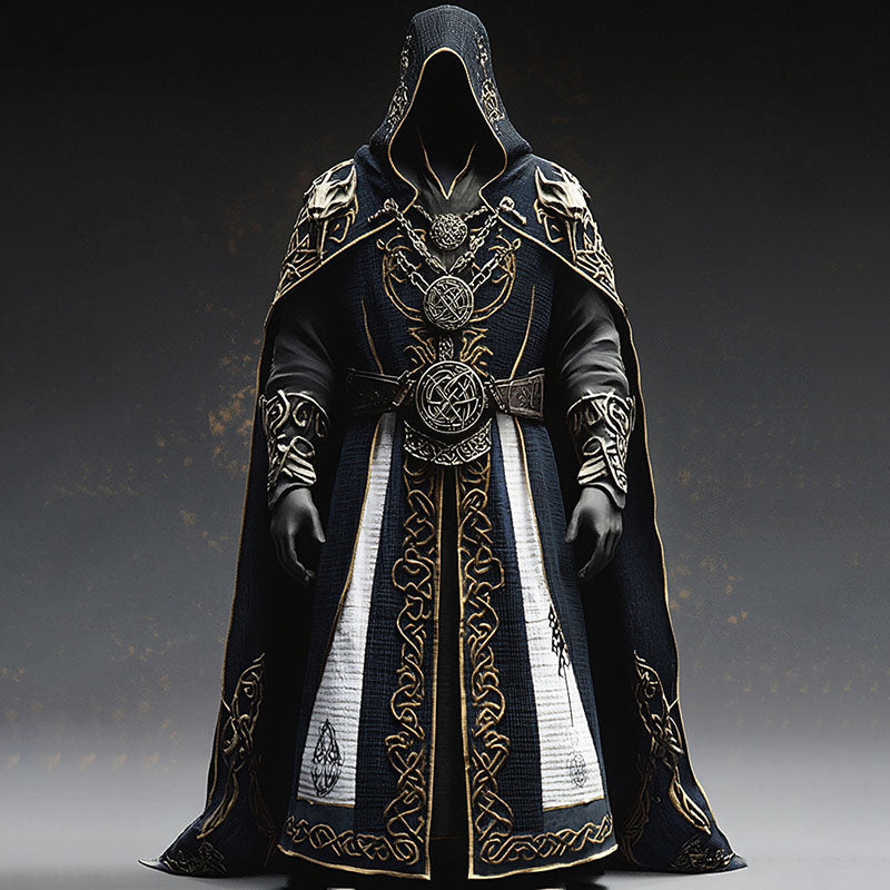 Capa medieval para hombre con bordado celta, mezcla de algodón negra, capucha larga, ropa de fantasía para cosplay | Sansoti
