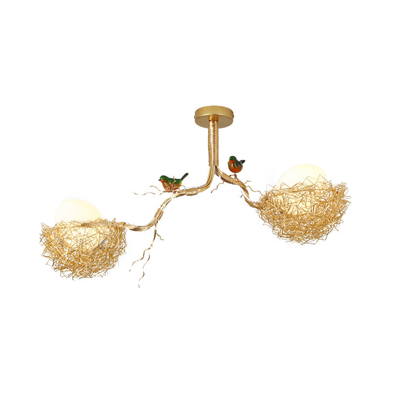 Gouden Hanglamp met Melkwit Glazen Bol en Vogelnest – Decoratieve Kroonluchter 1-3 Lichtpunten Sierverlichting Eetkamer Woonkamer | Sansoti
