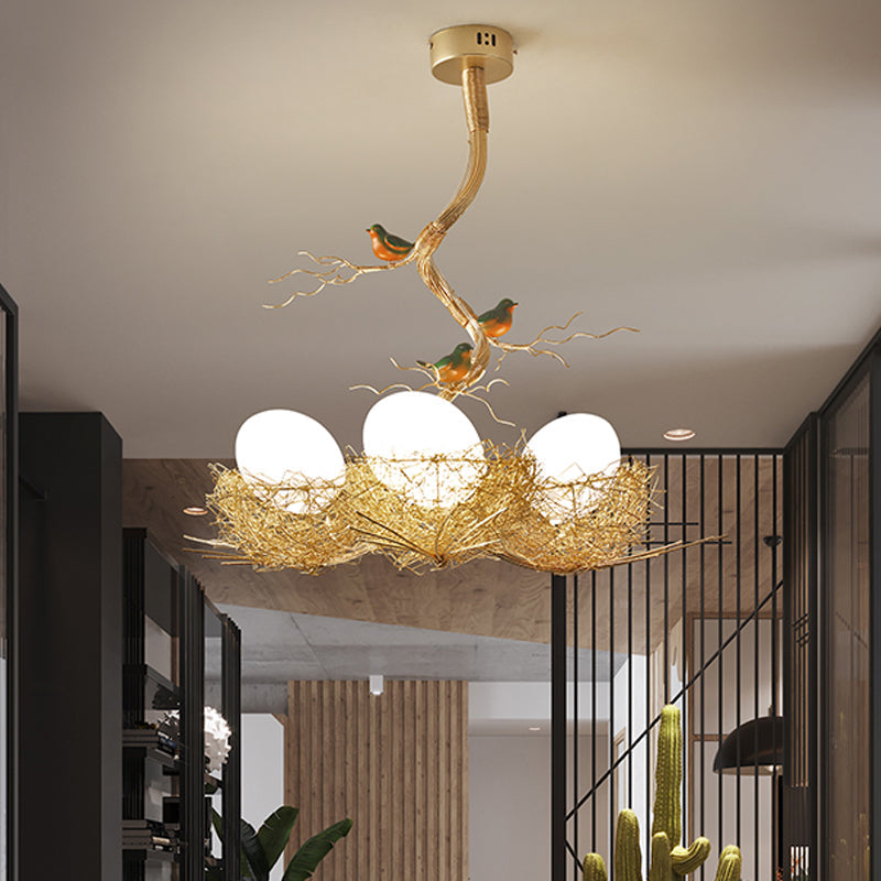Gouden Hanglamp met Melkwit Glazen Bol en Vogelnest – Decoratieve Kroonluchter 1-3 Lichtpunten Sierverlichting Eetkamer Woonkamer | Sansoti