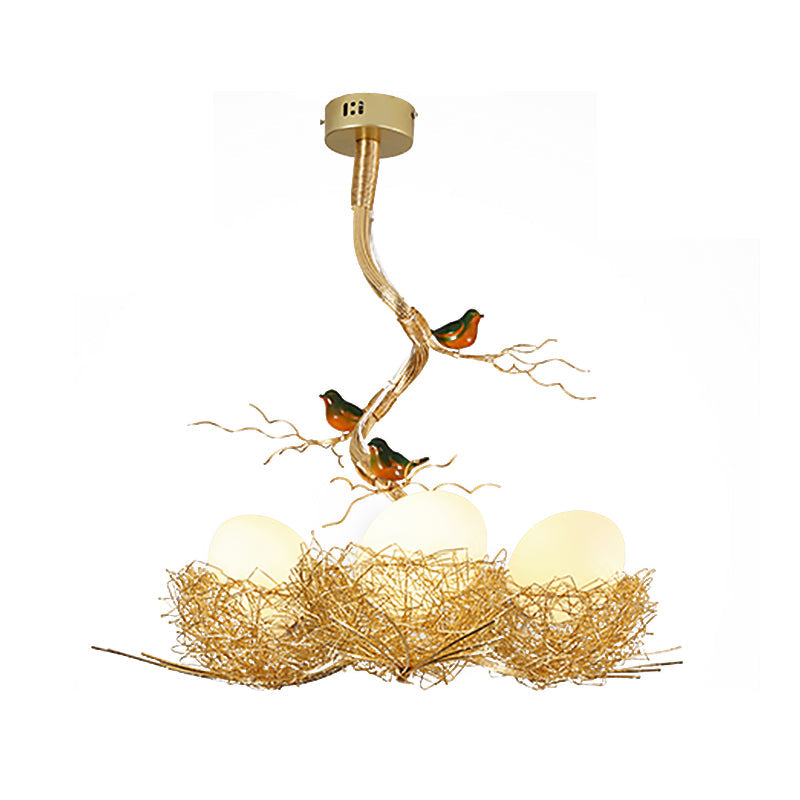 Gouden Hanglamp met Melkwit Glazen Bol en Vogelnest – Decoratieve Kroonluchter 1-3 Lichtpunten Sierverlichting Eetkamer Woonkamer | Sansoti