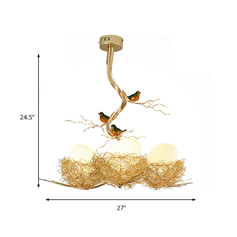 Gouden Hanglamp met Melkwit Glazen Bol en Vogelnest – Decoratieve Kroonluchter 1-3 Lichtpunten Sierverlichting Eetkamer Woonkamer | Sansoti