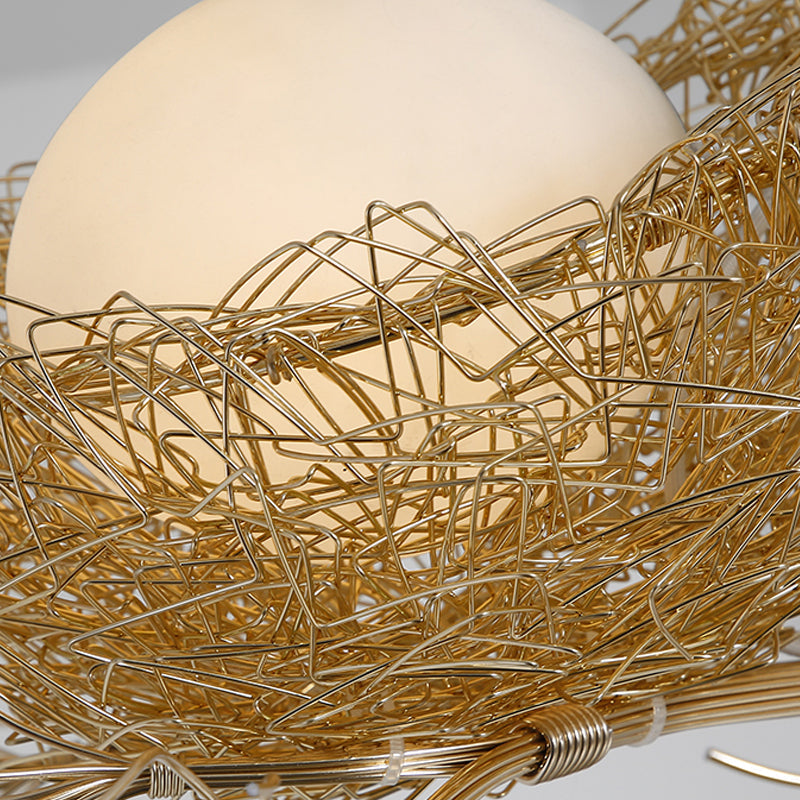 Gouden Hanglamp met Melkwit Glazen Bol en Vogelnest – Decoratieve Kroonluchter 1-3 Lichtpunten Sierverlichting Eetkamer Woonkamer | Sansoti