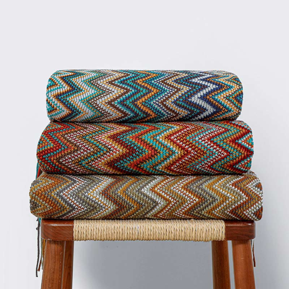 Knitted Throw with Zigzag Fringes – Soft Crochet Blanket for Sofa and Bed, All Seasons, Bohemian Style | Sansoti