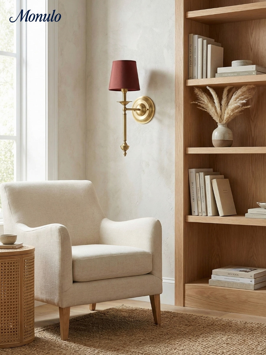 Stoffen Wandlamp met Vintage Koperen Afwerking – Sfeervolle Verlichting voor Hal, Slaapkamer en Woonkamer | Sansoti