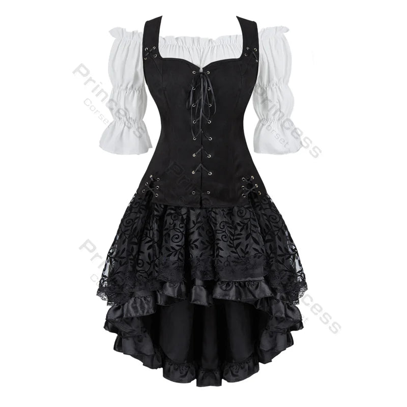 Pirate Corset Costume Set Faux Leather Off-Shoulder Blouse Layered Skirt Steampunk Gothic Halloween Costume | Sansoti