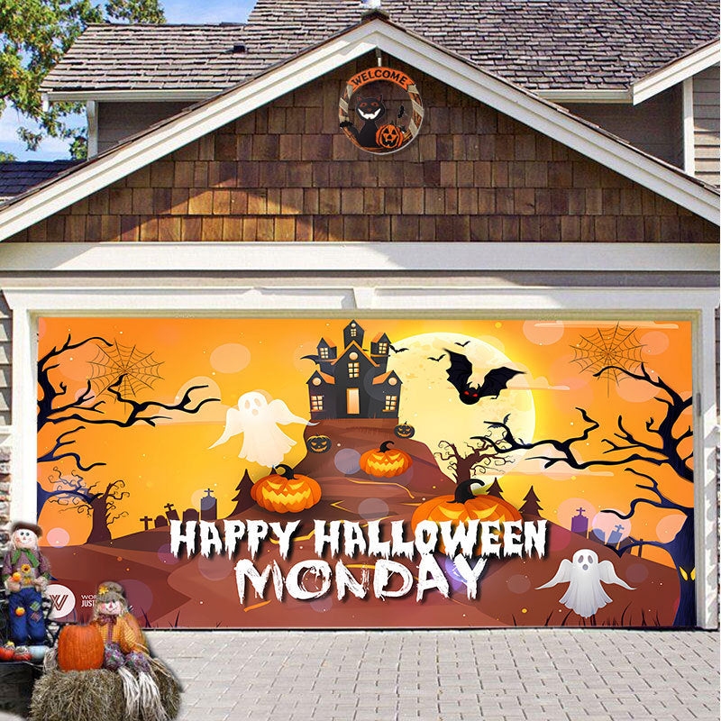 Halloween Garagedeur Decoratie Spookachtige Bedrukking Schaduwdoek Herbruikbaar Horror Sfeer Doek Waterdicht Buiten Feestversiering | Sansoti