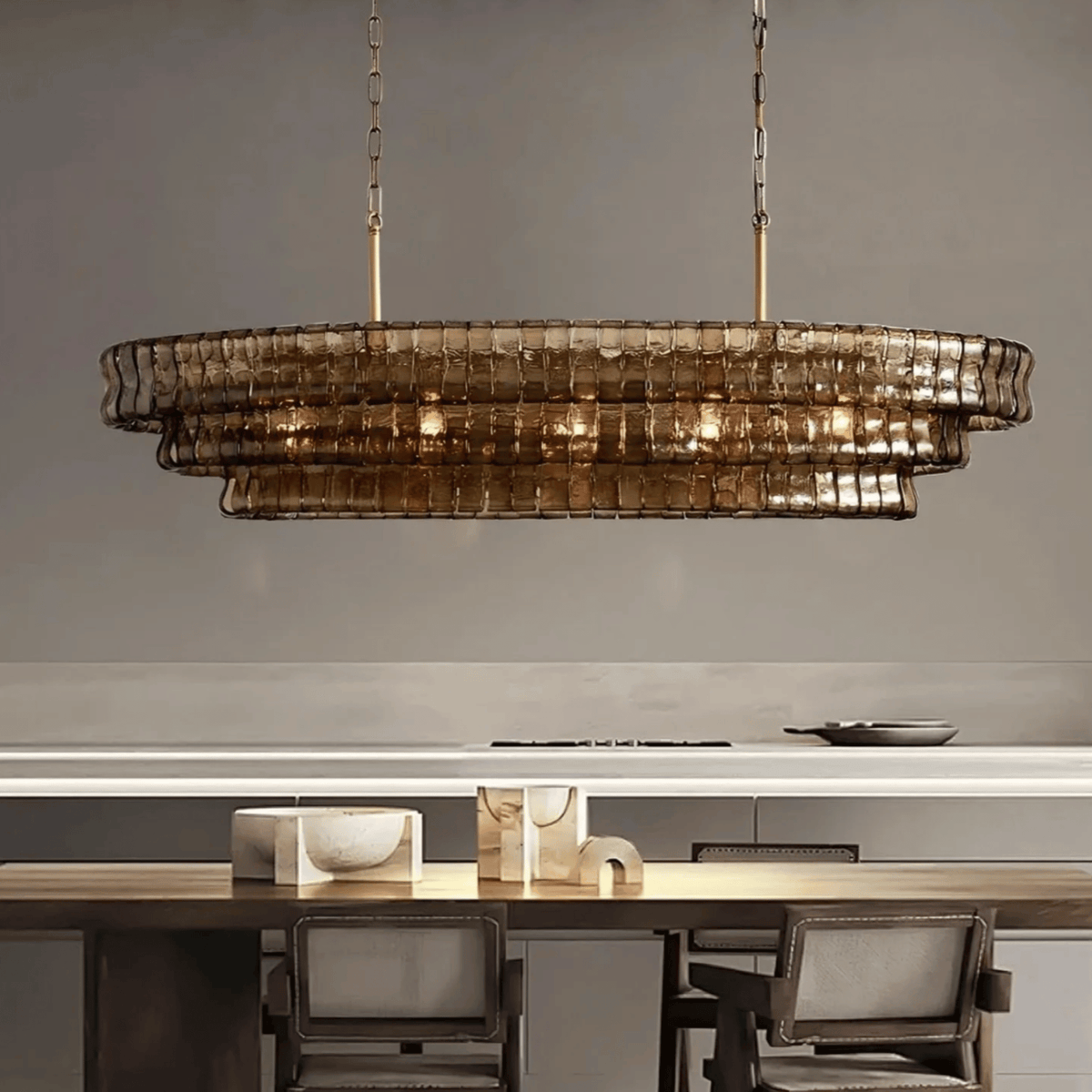 Französischer Kronleuchter aus Rauchglas, Gold, mit verstellbaren Lichtmodi, längliche Form, elegantes Design für Esszimmer und Wohnzimmer | Sansoti
