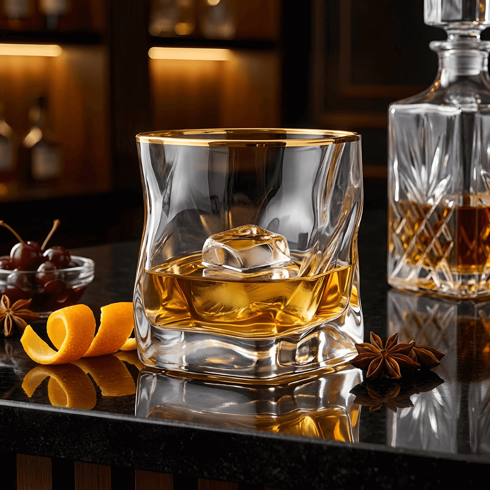 Japanisches Kristall-Whiskyglas mit goldfarbenem Akzent und Reliefstruktur - Premium-Trinkglas für Whisky, Cocktails und Spirituosen zu Hause | Sansoti