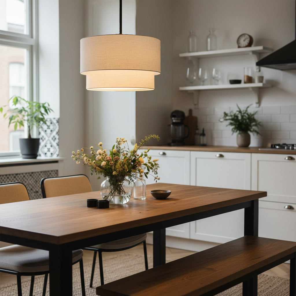 Ronde Dubbele Linnen Hanglamp met Natuurlijke Stoffen Kap Dimbaar | Sansoti