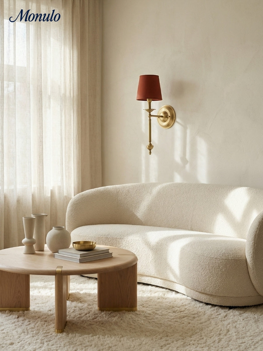 Stoffen Wandlamp met Vintage Koperen Afwerking – Sfeervolle Verlichting voor Hal, Slaapkamer en Woonkamer | Sansoti