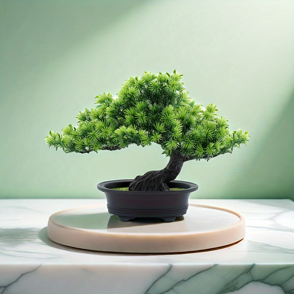 Kunstbonsai 24 cm met zwarte pot, realistische dennennaalden, decoratief groen voor vensterbank, bureau en woonkamer | Sansoti