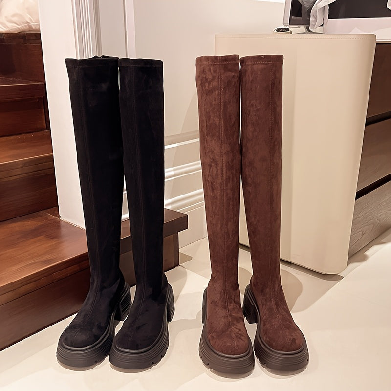 Women's Over-the-Knee Boots High Heel Winter Round Toe Leather Suede Classic Elegant Warm Comfortable Long Shaft | Sansoti