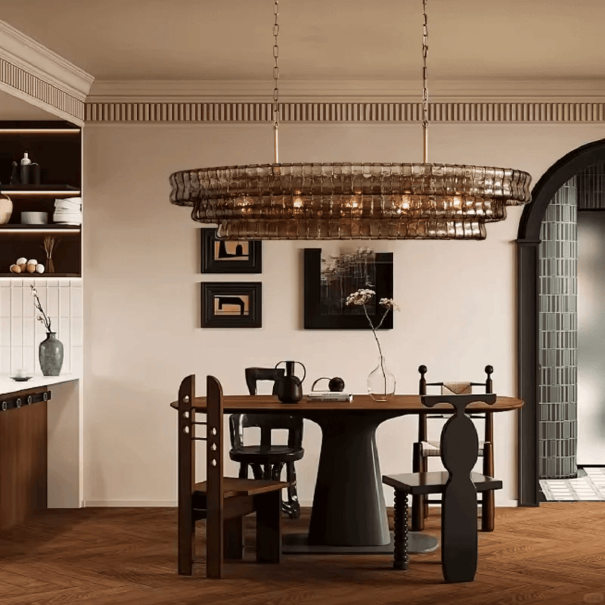 Französischer Kronleuchter aus Rauchglas, Gold, mit verstellbaren Lichtmodi, längliche Form, elegantes Design für Esszimmer und Wohnzimmer | Sansoti