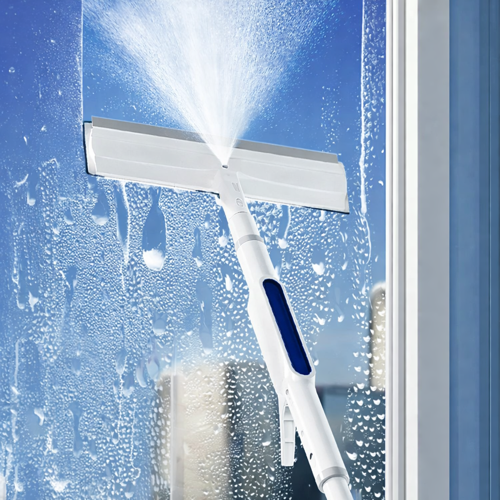 Nettoyeur de vitres avec manche télescopique et spray 3 en 1 pivotant 130 cm | Restfield