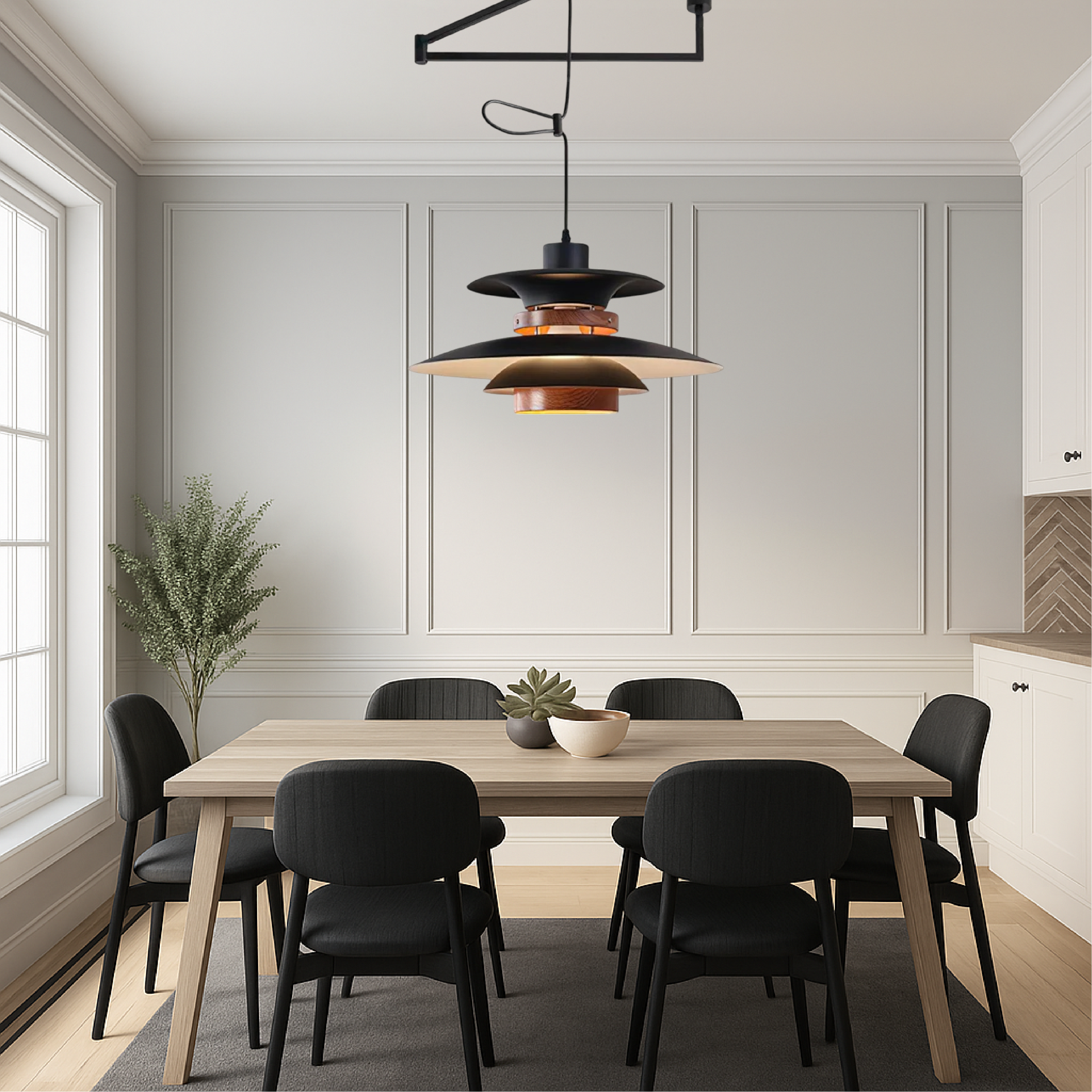 Merado Schwenkarm Pendelleuchte Metall Holz schwarz Esszimmer Beleuchtung verstellbar skandinavisches Design Pendelleuchte moderne Hängeleuchte | Restfield