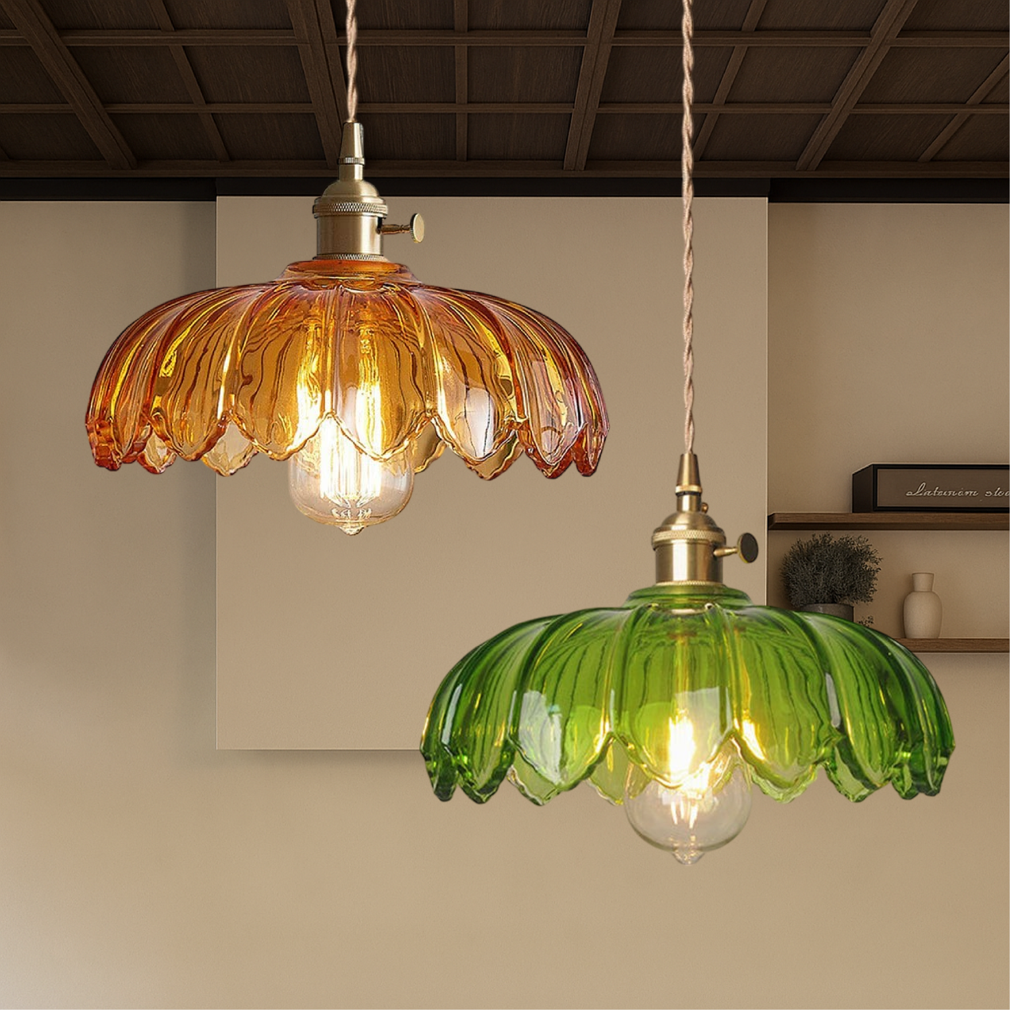Glas-Blumen-Pendelleuchte Glas Messing grün Esszimmer Vintage Design Küchenbeleuchtung E27 verstellbar modern klassisch | Restfield