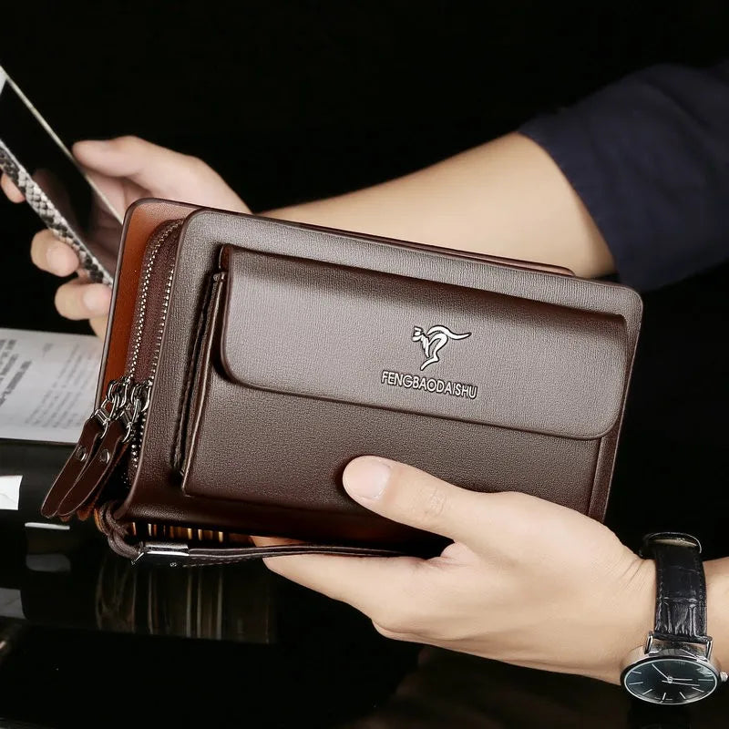 Pochette compacte pour homme avec dragonne, noir et marron, similicuir, compartiments, porte-cartes, portefeuille, organiseur, fermeture éclair | Sansoti