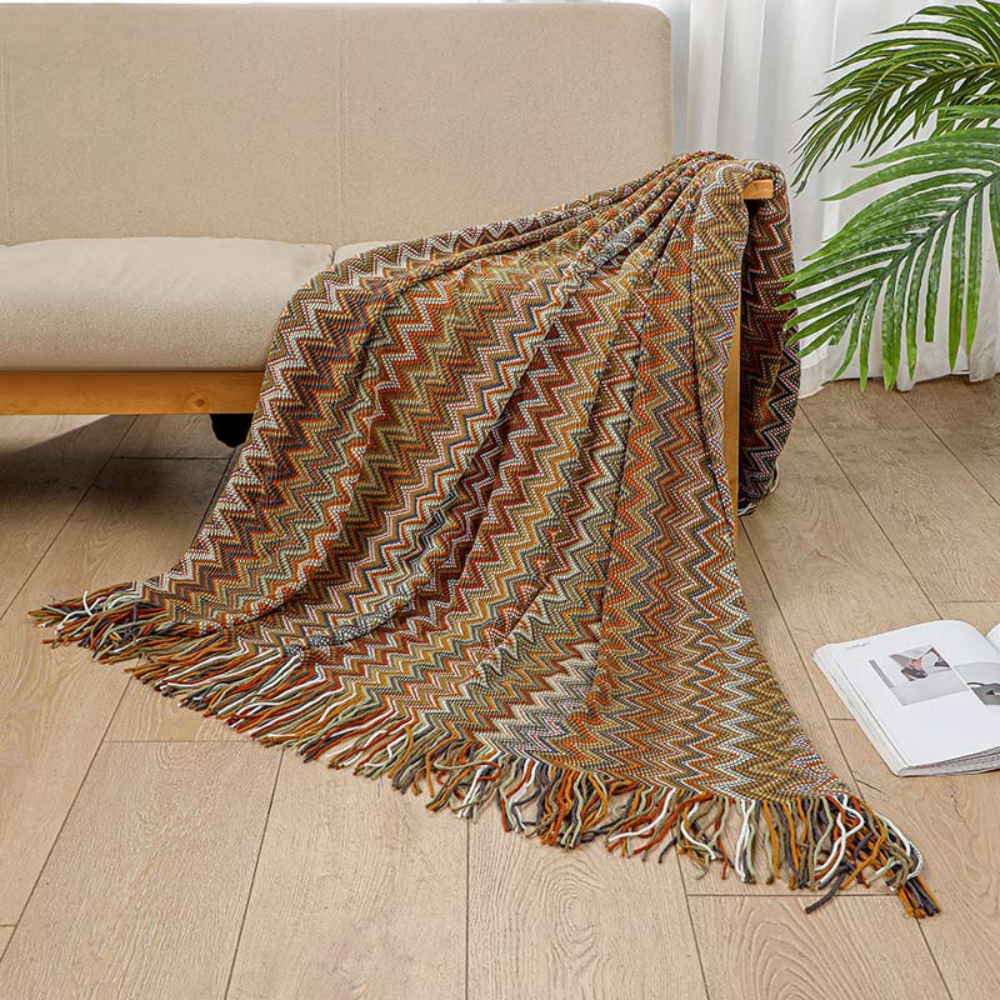 Knitted Throw with Zigzag Fringes – Soft Crochet Blanket for Sofa and Bed, All Seasons, Bohemian Style | Sansoti