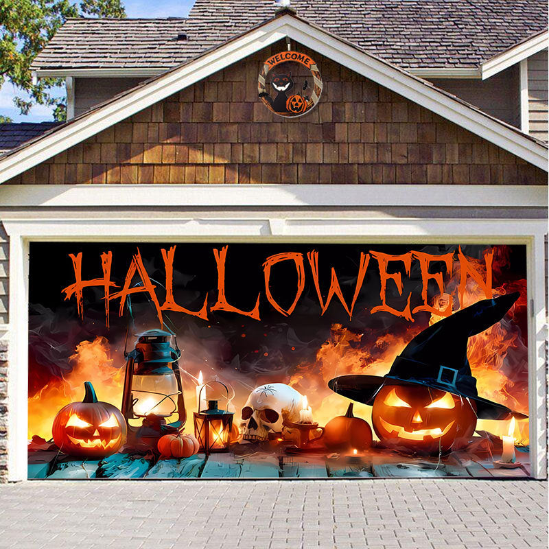 Halloween Garagedeur Decoratie Spookachtige Bedrukking Schaduwdoek Herbruikbaar Horror Sfeer Doek Waterdicht Buiten Feestversiering | Sansoti