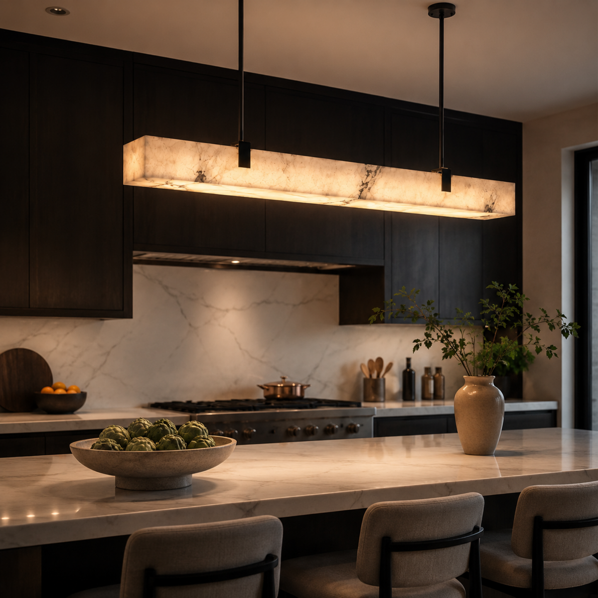 Lineare Pendelleuchte mit Marmoreffekt Schwarzes Metall LED Dimmbar für Kücheninsel Esstisch Esszimmer Modern | Sansoti