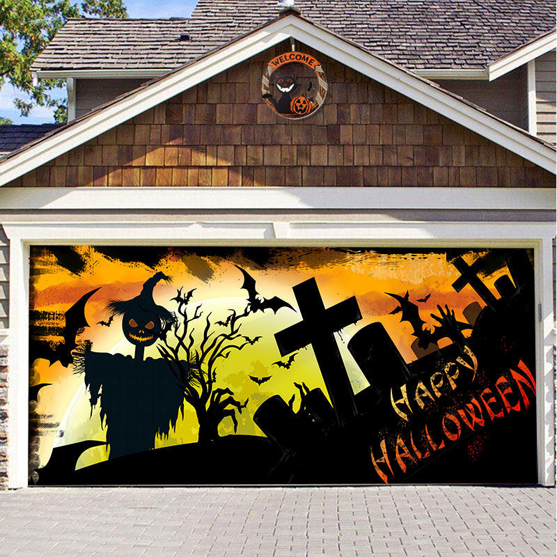 Halloween Garagedeur Decoratie Spookachtige Bedrukking Schaduwdoek Herbruikbaar Horror Sfeer Doek Waterdicht Buiten Feestversiering | Sansoti