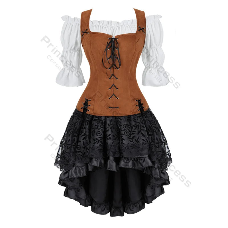 Pirate Corset Costume Set Faux Leather Off-Shoulder Blouse Layered Skirt Steampunk Gothic Halloween Costume | Sansoti