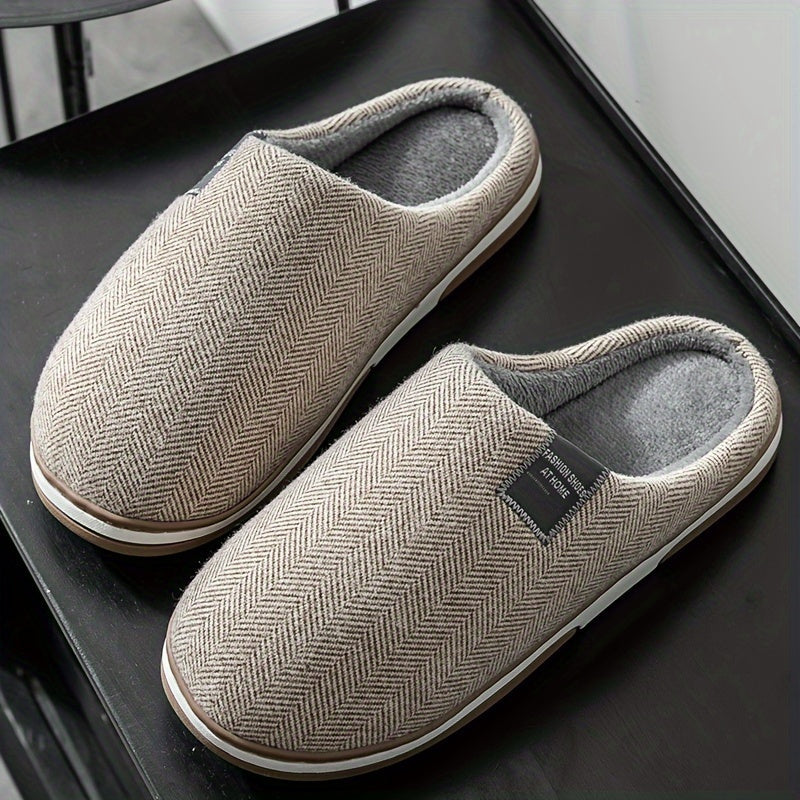 Men's Slippers with Herringbone Pattern, Warm Plush Lining, Non-Slip Sole, Comfortable House Footwear for Winter | Sansoti