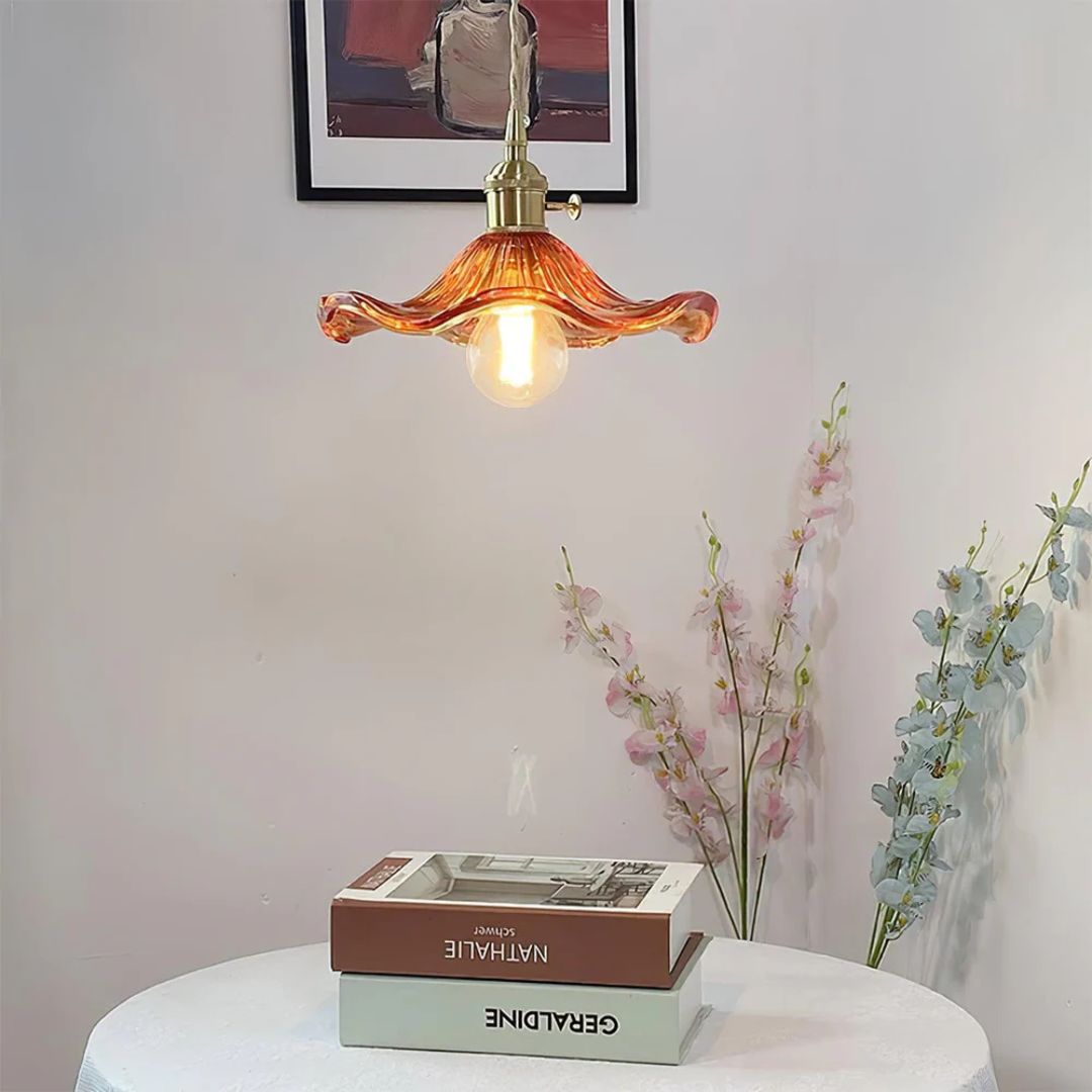 Hängelampe Glas E27 23cm Grün Messing Blumenform Esstisch Schlafzimmer Retro Beleuchtung Vintage Hängelampe | Restfield