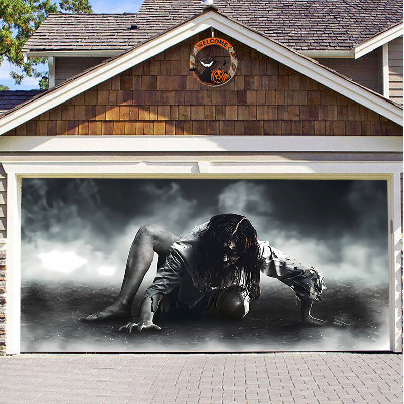 Halloween Garagedeur Decoratie Spookachtige Bedrukking Schaduwdoek Herbruikbaar Horror Sfeer Doek Waterdicht Buiten Feestversiering | Sansoti