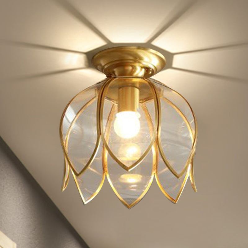 Lotusplafondlamp 9" Messing Helder Glas Vintage Landelijke Stijl Gangverlichting Retro Plafondlamp Klassiek Interieur | Sansoti