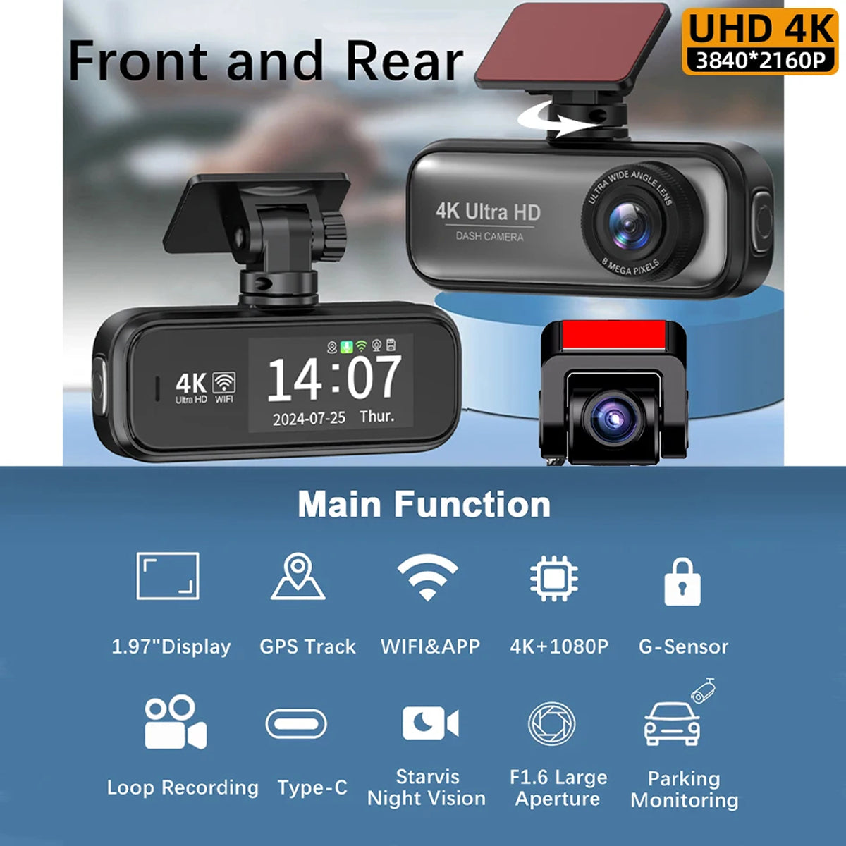 Dashcam à double caméra 4K Ultra HD avec Wi-Fi, GPS, surveillance du stationnement, grand angle à 170°, sécurité automobile, enregistrement et vision nocturne | Sansoti