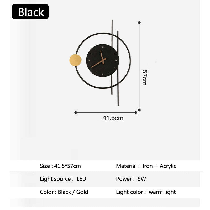 Horloge mural avec éclairage LED en métal et acrylique noir et doré, design moderne et décoratif pour salon et chambre | Sansoti