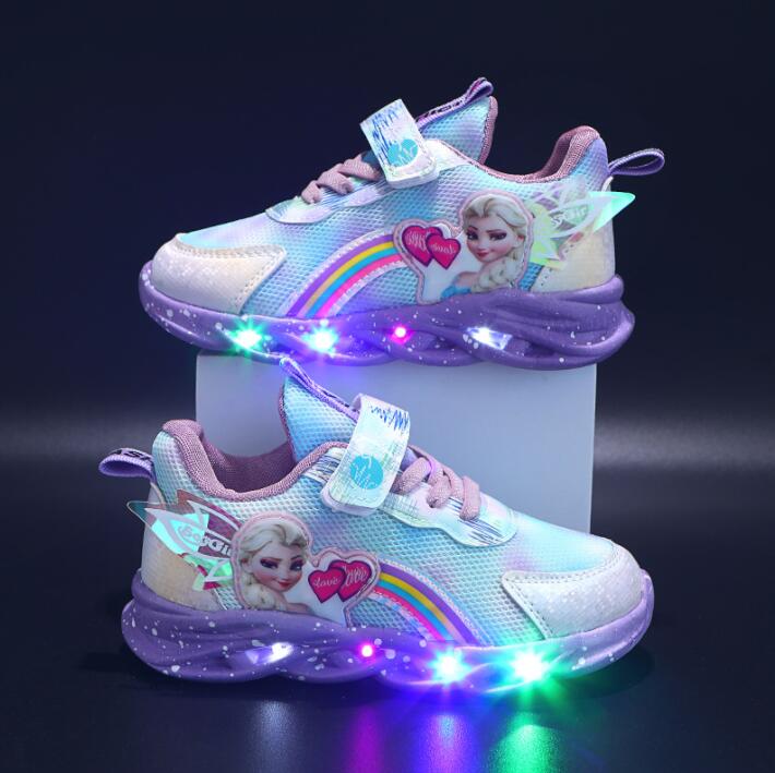 LED kinderschoenen glitter regenboog roze klittenband spelen wandelen lichtgevende sneakers meisjes | Sansoti