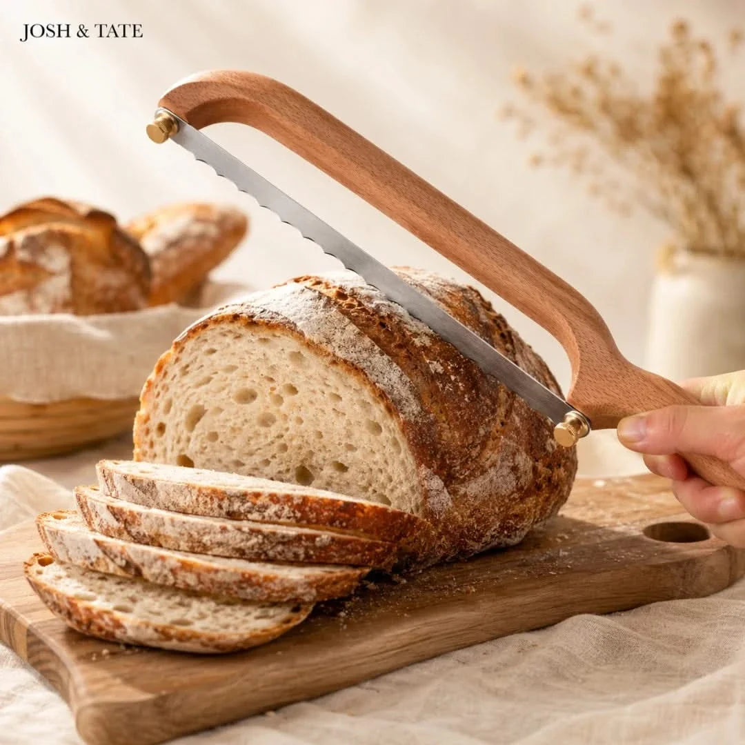 Gebogenes Brotmesser mit austauschbarer gezahnter Klinge, Holzgriff, für handwerkliche Backwaren, Bauernbrot und Baguette | Sansoti