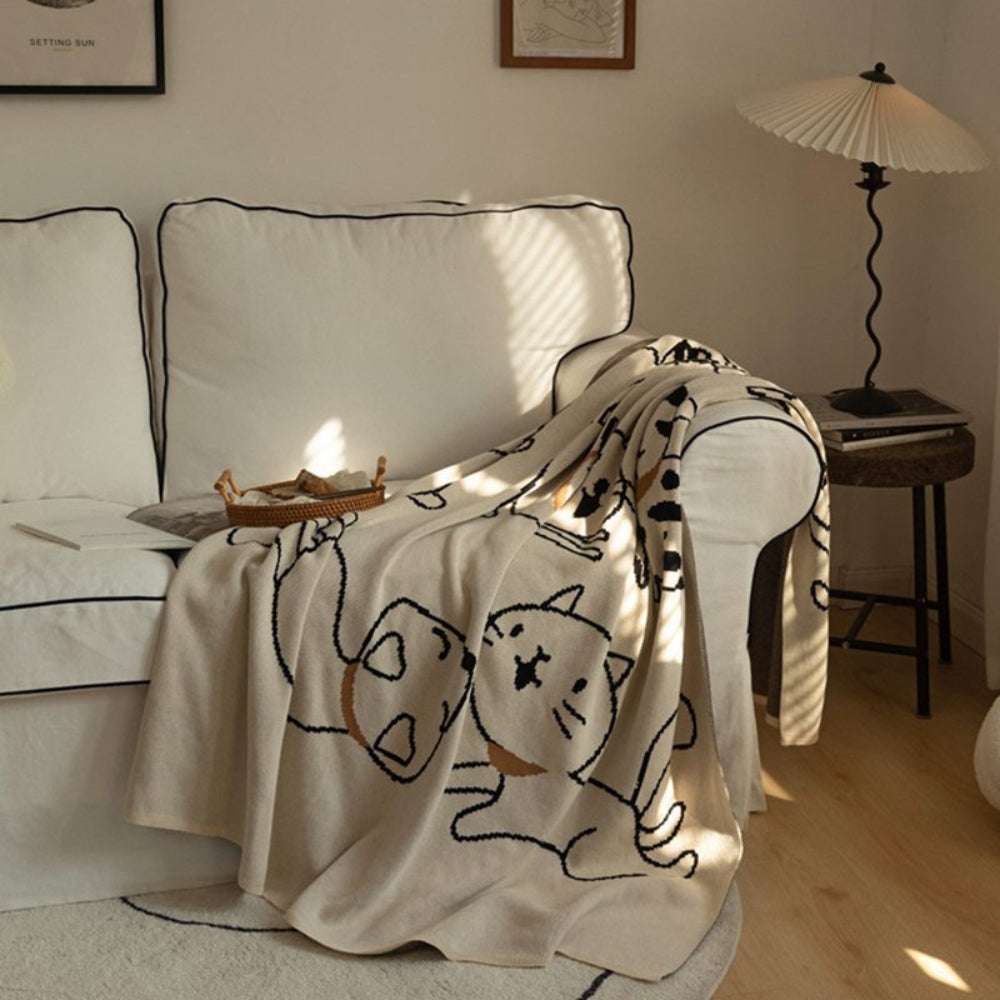 Baumwolldecke mit Jacquard-Katzenmuster – Atmungsaktiv & weich für Sofa und Bett – 130x170cm Wohndecke | Sansoti