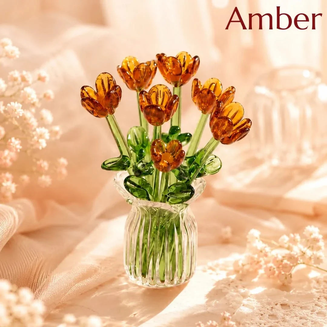 Glasblumenstrauß mit Miniaturvase, 7-teilig, handgefertigtes dekoratives Kunstglas, Wohnzimmer-, Tisch- und Raumdekoration | Sansoti