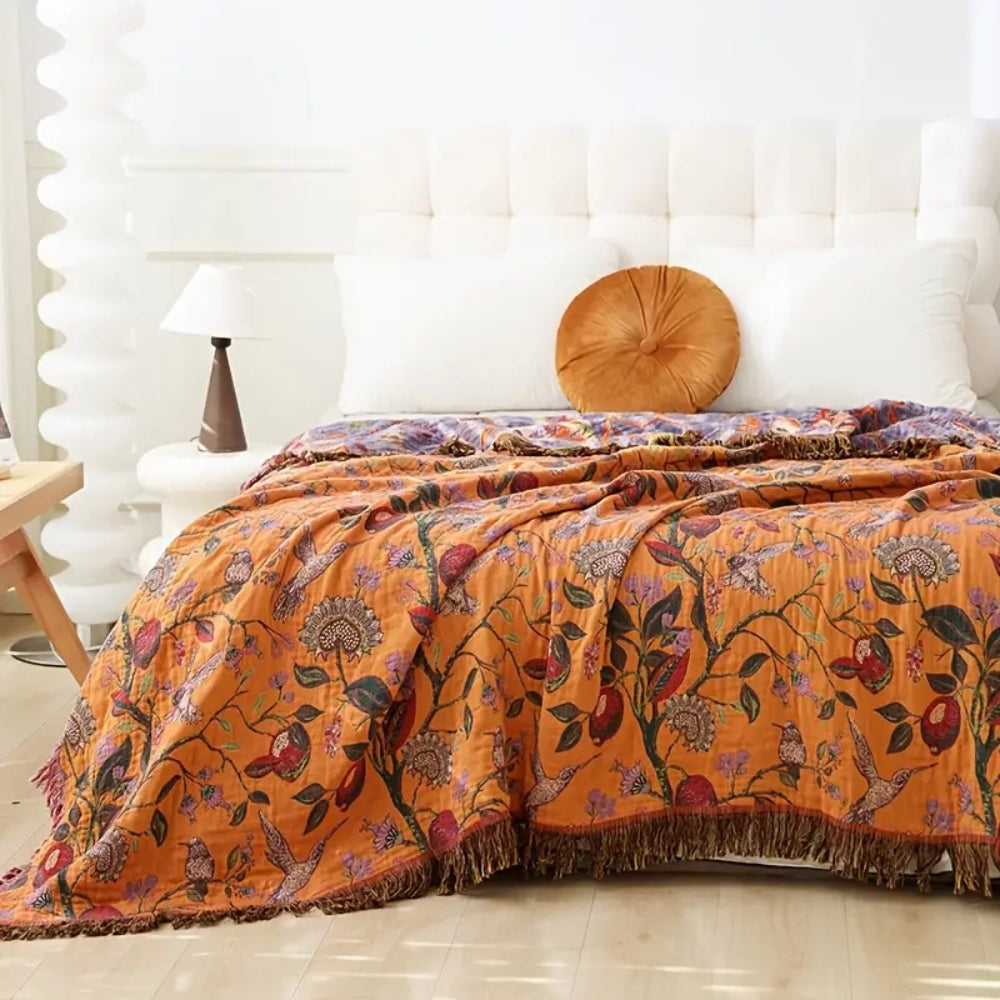 Botanische Katoenen Plaid met Kwasten – Gebloemde Jacquardweving Omkeerbaar Bedsprei Bankkleed Fauteuil Deken voor Alle Seizoenen | Sansoti