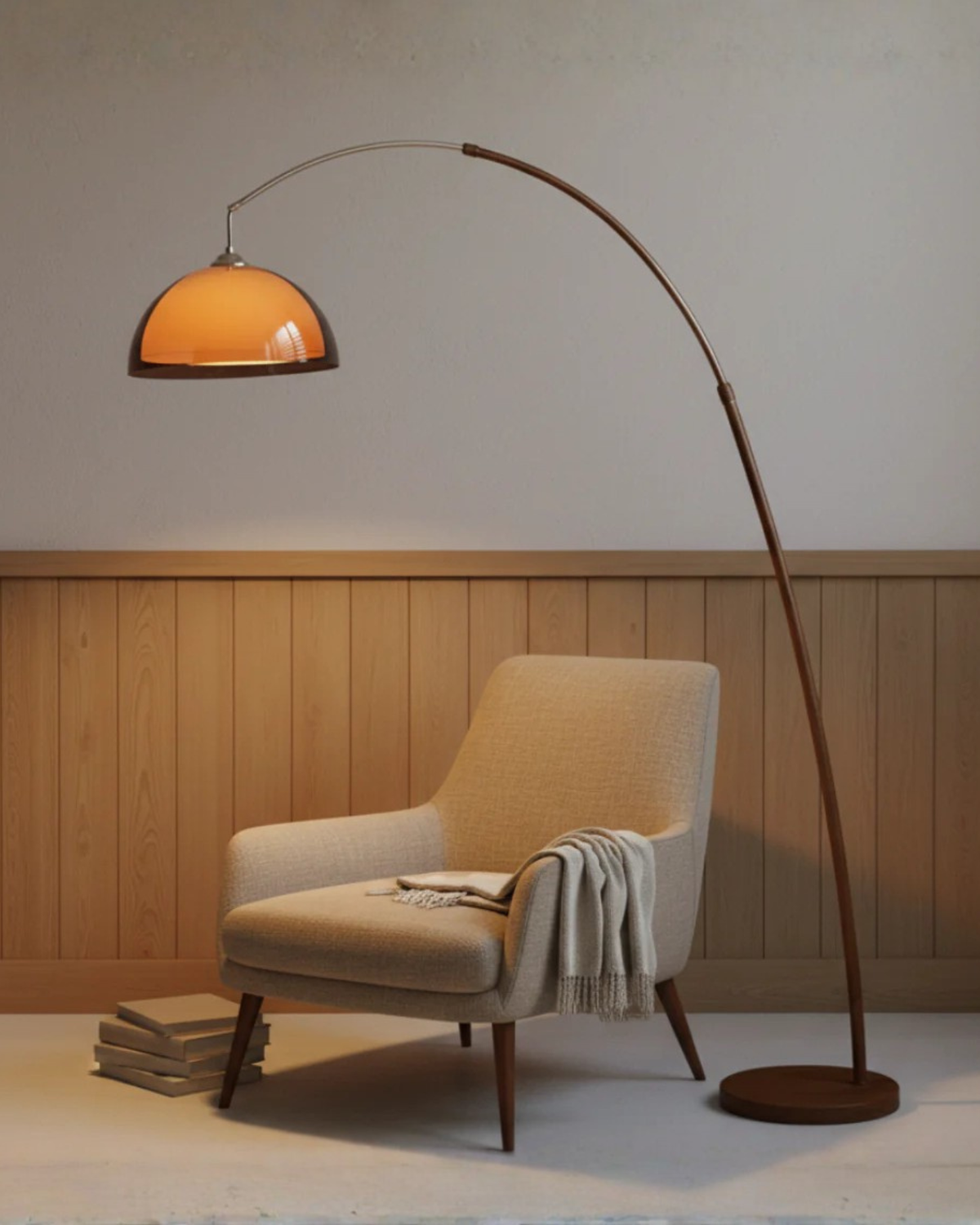 Bogen-Stehlampe aus Metall mit verstellbarem Arm, bernsteinfarbenem Kuppelschirm, Leselampe, Wohnzimmer, Walnuss, Mid-Century Modern | Sansoti