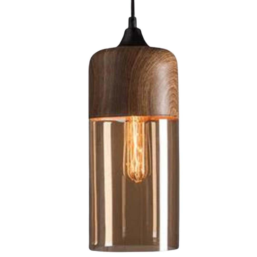 Scandinavische Hanglamp met Glazen Kap – Dimbaar Plafondlicht met Houtafwerking | Sansoti