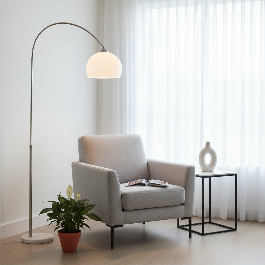 Arch-Shaped Floor Lamp Metal Marble 180cm Tall Warm Light Living Room Reading Corner E27 Dome Shade Scandinavian Design | Sansoti