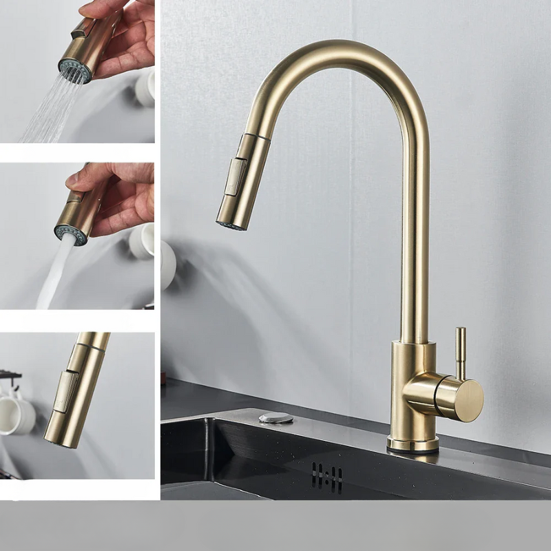 Flexible Küchenarmatur mit ausziehbarem Sprühkopf – Gebürstetes Stahl-Design | Sansoti