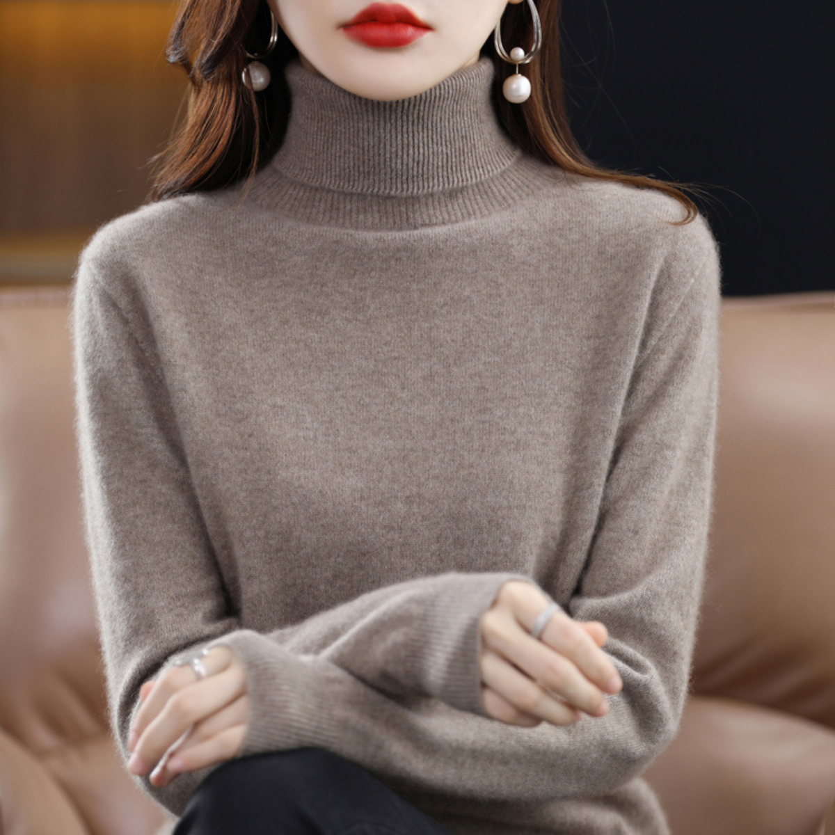 Jersey de cachemira de punto con cuello alto para mujer Negro Blanco Gris Rosa Lila Rojo Azul Marrón Básico elegante de otoño e invierno | Sansoti
