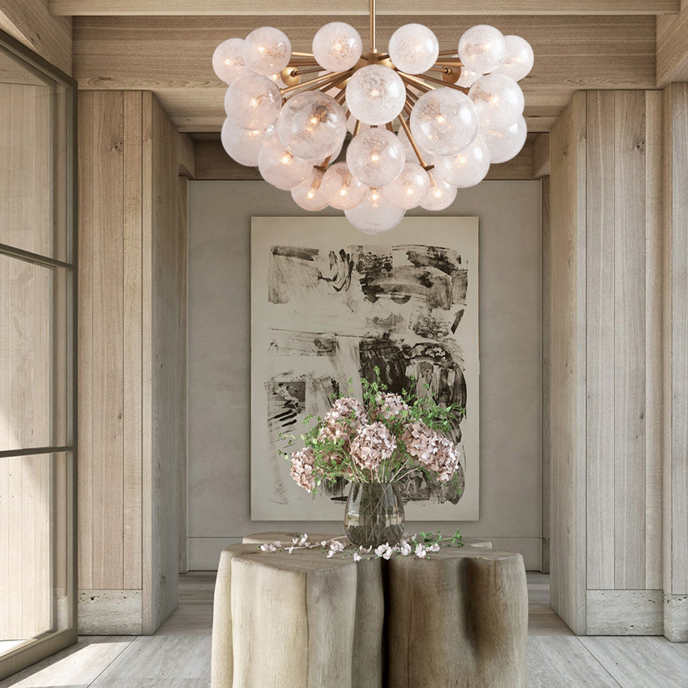 Lustre à boules en verre soufflé à la main avec effet de bulles, laiton, noir, nickel, suspensions réglables | Sansoti