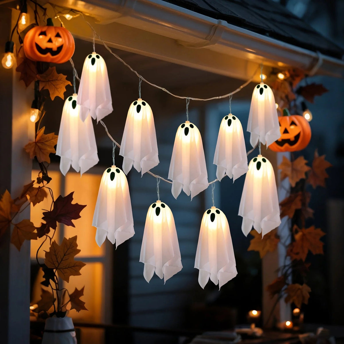 Girlanda świetlna LED z duchami na Halloween, przyjęcie, do ogrodu i wnętrz, dekoracyjna girlanda z przerażającymi figurkami, nastrojowe oświetlenie | Sansoti
