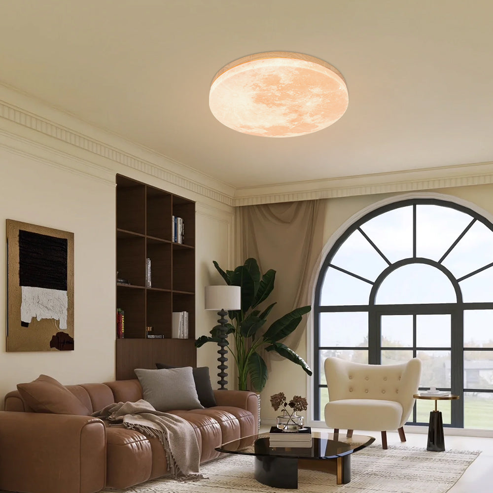 LED-Deckenleuchte Mond-Design Holz Acryl Rund 26-48cm Schlafzimmer Wohnzimmer Deckenlampe Mondlampe LED Beleuchtung Modernes Interieur | Restfield