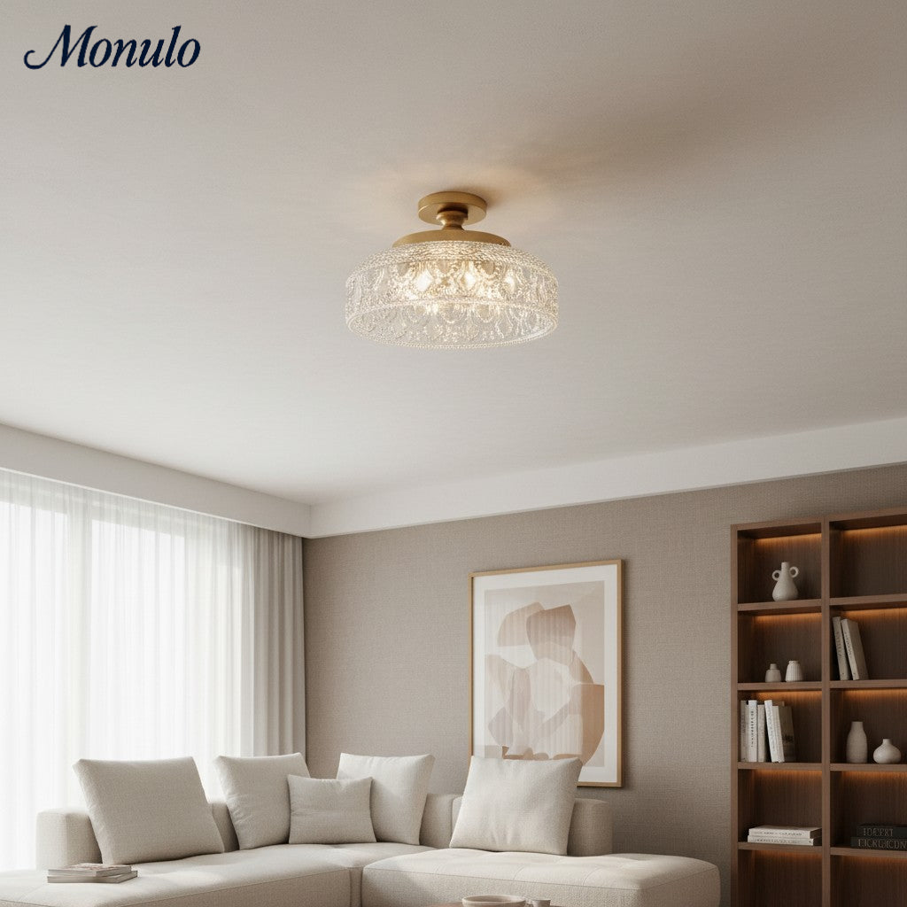 Geribbelde Glazen Plafondlamp met Metalen Armatuur – Minimalistische Verlichting voor Slaapkamer en Gang | Sansoti
